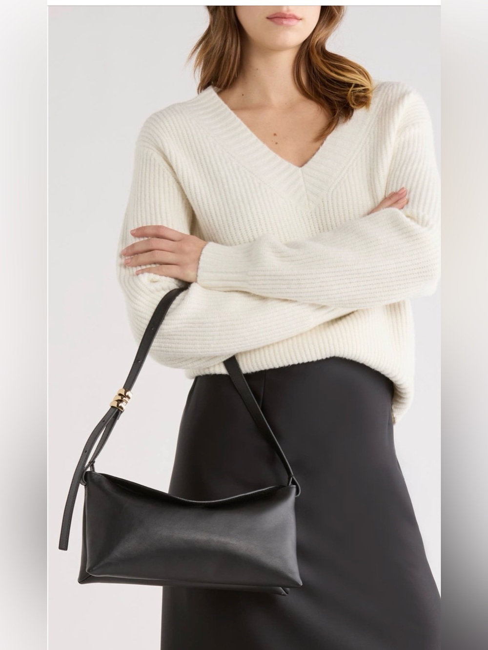Madewell The Date Night True Black Leather Shoulder Bag with Gold Accent